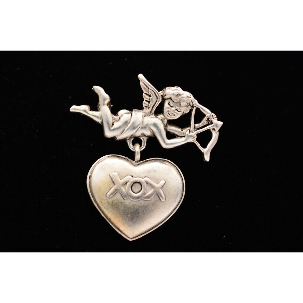 Danecraft Vintage Cupid Pin Brooch Silver XOX Love Valentine Dangle Heart BinA15
